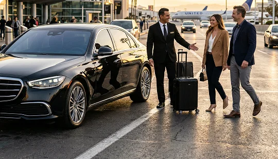 A chauffeur greets a man and woman with their luggage beside a black luxury car at an airport. The scene shows a premium airport pickup with a professional driver and travelers ready to depart.