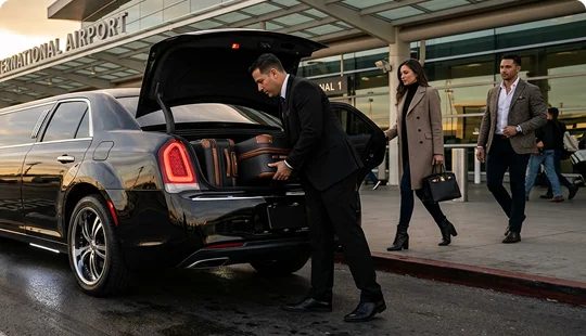 A professional chauffeur in a black suit loads luxury suitcases into the open trunk of a black sedan at an international airport terminal. A stylish couple walks toward the vehicle in the foreground, with the modern airport architecture and other travelers visible in the background.