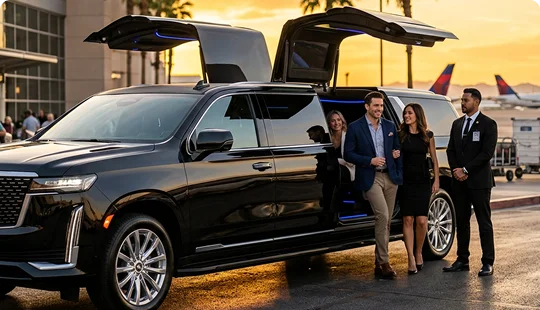 A sleek black luxury SUV with gullwing-style rear doors is parked outside an airport at sunset. Well-dressed passengers step out while a chauffeur stands nearby, suggesting a premium transport service.