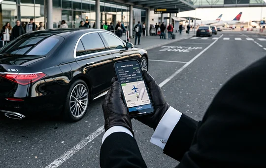 A chauffeur wearing leather gloves holds a smartphone displaying a flight tracking app and map at an airport pick-up zone. A black Mercedes-Benz S-Class sedan is parked in the foreground, with the airport terminal and aircraft visible in the blurred distance.