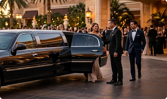A black stretch limousine is parked outside an elegant venue as formally dressed guests arrive. A woman in an evening gown steps out while two men in suits assist her amid a lively, upscale event setting.