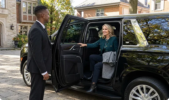 A well-dressed driver stands by an open black SUV door, greeting a smiling woman stepping out. The scene takes place in a residential driveway with upscale homes and autumn trees in the background.