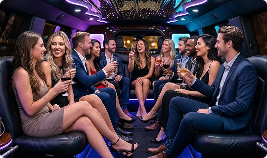 A large group of friends in formal attire celebrate together inside the spacious, neon-lit interior of a luxury limousine. They are laughing and raising wine and champagne glasses in a toast, seated on plush leather benches under a decorative ceiling.