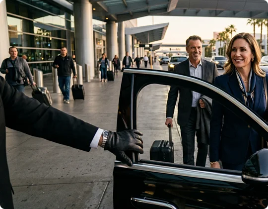 A chauffeur wearing black leather gloves holds open the door of a luxury vehicle for two smiling travelers at an airport terminal. The man and woman, dressed in professional attire and carrying rolling luggage, approach the car under the warm light of a late afternoon.
