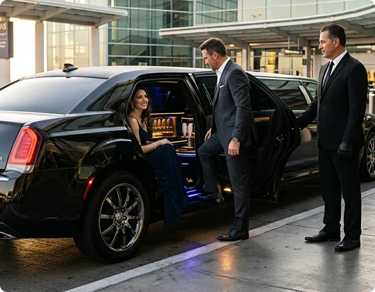 A professional chauffeur in a black suit holds the door of a black stretch limousine open for a couple in formal attire. The man steps into the vehicle's illuminated interior where a woman is already seated, both at an airport terminal curb.