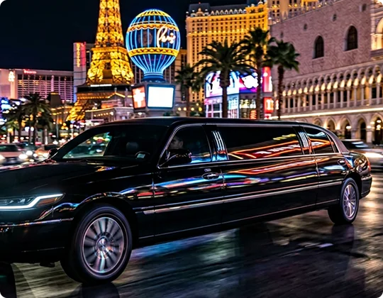 A black stretch limousine drives along a brightly lit city street at night with neon signs and landmarks in the background. The scene captures a lively nightlife atmosphere with reflections of colorful lights on the car’s glossy surface.