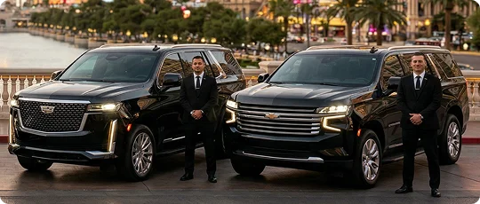 Two black luxury SUVs, a Cadillac Escalade and a Chevrolet Tahoe, parked side-by-side on a city bridge at dusk. Two professional drivers in black suits stand formally beside the vehicles against a blurred urban background with palm trees.