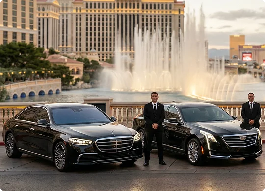 Two black luxury sedans are parked in front of a large fountain display, with two suited chauffeurs standing beside them. The scene appears to be at a grand hotel setting, with elegant architecture and water fountains in the background.