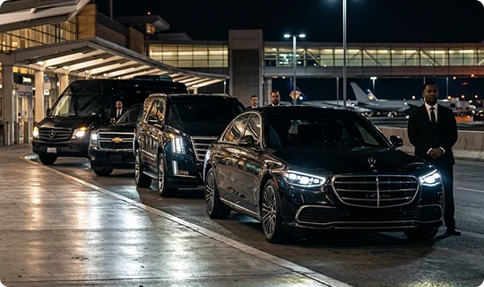 A fleet of black luxury vehicles, including a Mercedes-Benz sedan, a Cadillac SUV, and a Mercedes-Benz Sprinter van, lined up at an airport terminal at night. Professional chauffeurs in dark suits stand at attention next to the vehicles under the bright lights of the terminal overhang.