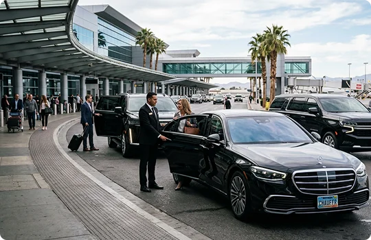 A professional chauffeur in a black suit assists a woman into the back of a black luxury sedan at a modern airport terminal. The curved terminal walkway is lined with other luxury vehicles and palm trees, with travelers and their luggage visible in the background.