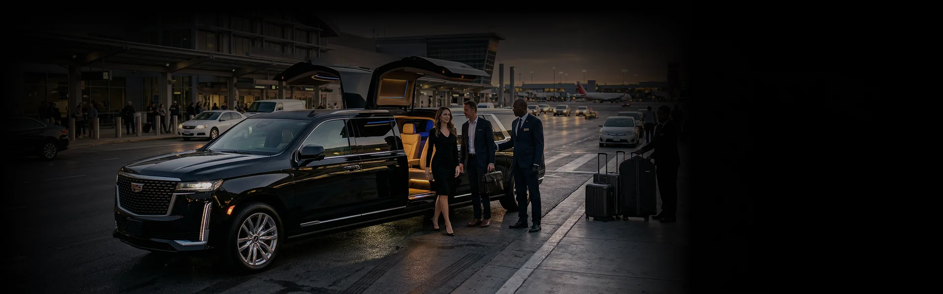A woman in a black dress stepping out of a black luxury Cadillac Escalade limousine with its gull-wing doors open, accompanied by two men in suits, at what appears to be an upscale venue or airport at night.