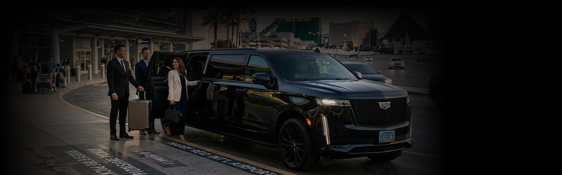 People are boarding a luxury black SUV, with a suited chauffeur assisting a woman while another man stands nearby with luggage, suggesting an upscale airport transfer or car service.